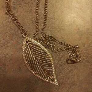Gold And Crystals Leaf Pendant Necklace Boho Fall Long 30" Chain